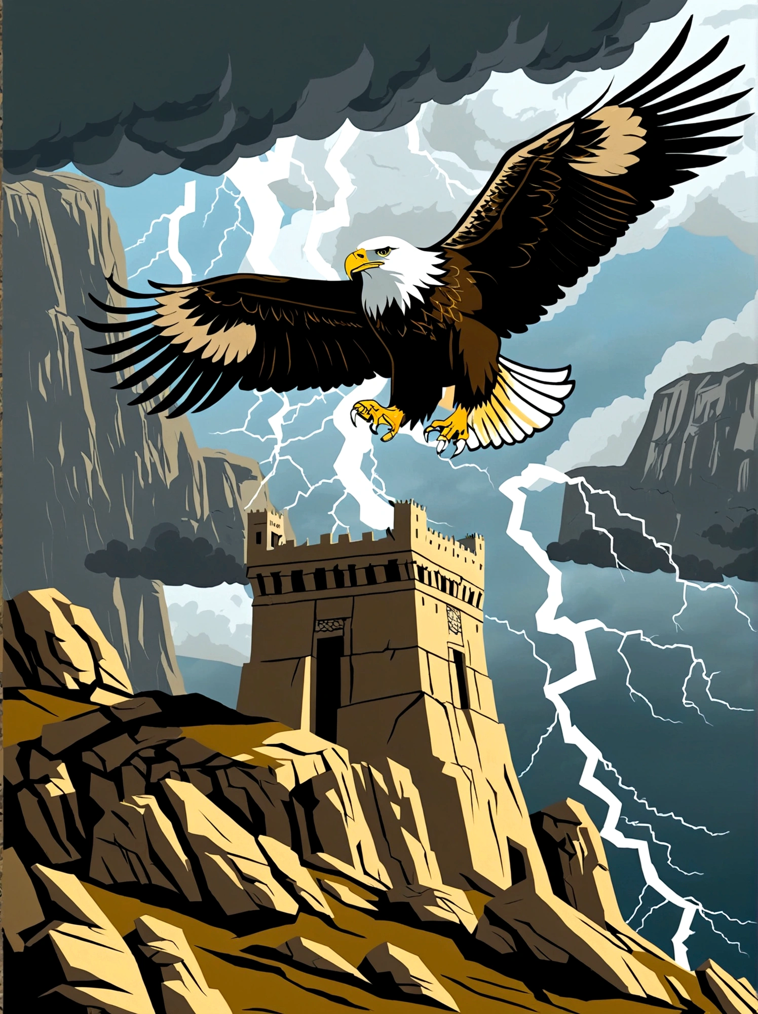 Illustrate a conceptual scene signifying power, Visualize an ancient stone throne, situated at the peak of a soaring cliff, The sky behind the throne anticipates an impending storm, and the wind forcefully sweeps the cliff, tossing loose rocks aside. An eagle, symbol of strength and majesty, soars above the throne, Lightning strikes in the distant horizon complete the scene, This scene symbolizes strength, leadership, and dominance, embodying the abstract concept of power