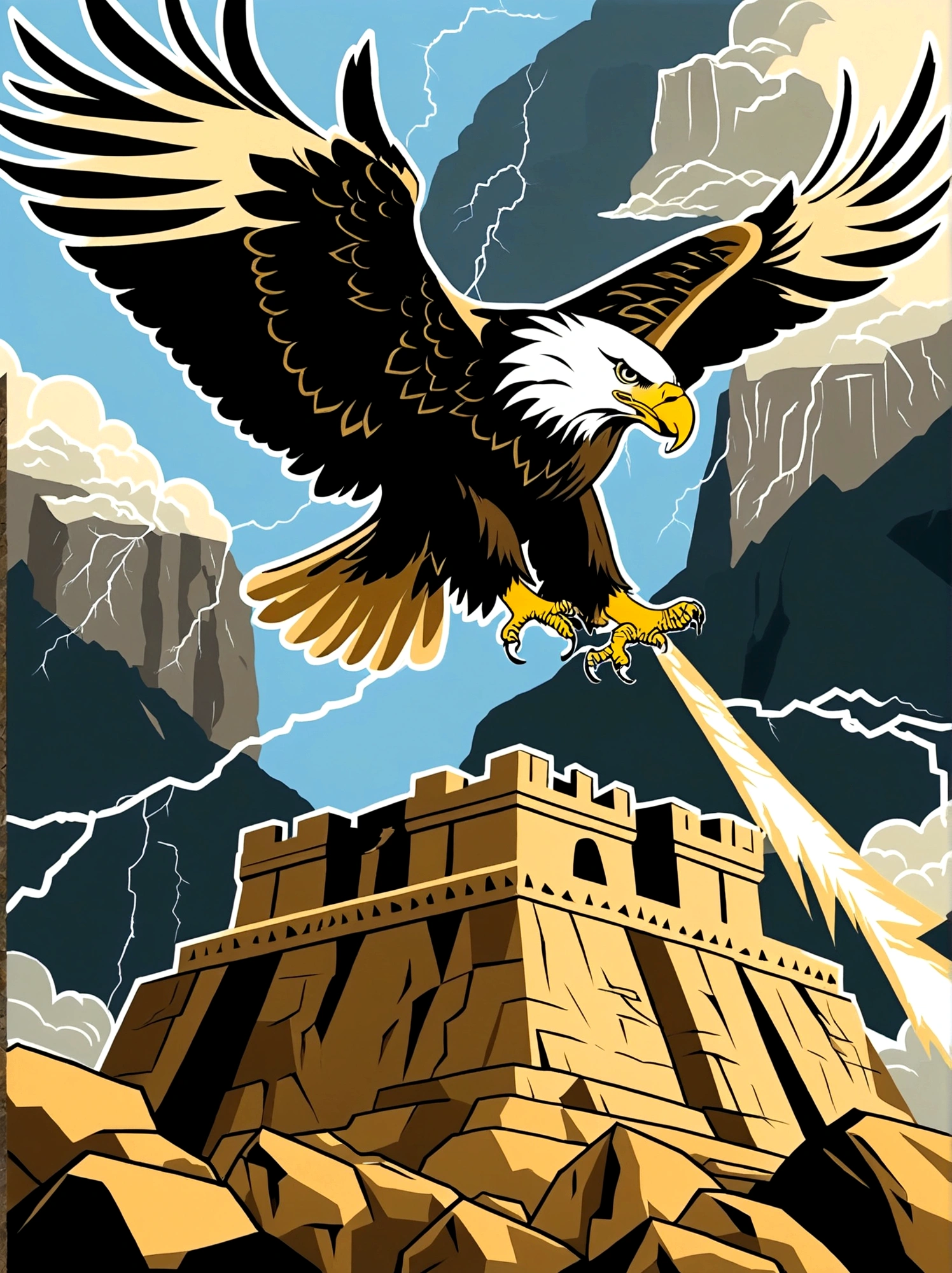 Illustrate a conceptual scene signifying power, Visualize an ancient stone throne, situated at the peak of a soaring cliff, The sky behind the throne anticipates an impending storm, and the wind forcefully sweeps the cliff, tossing loose rocks aside. An eagle, symbol of strength and majesty, soars above the throne, Lightning strikes in the distant horizon complete the scene, This scene symbolizes strength, leadership, and dominance, embodying the abstract concept of power
