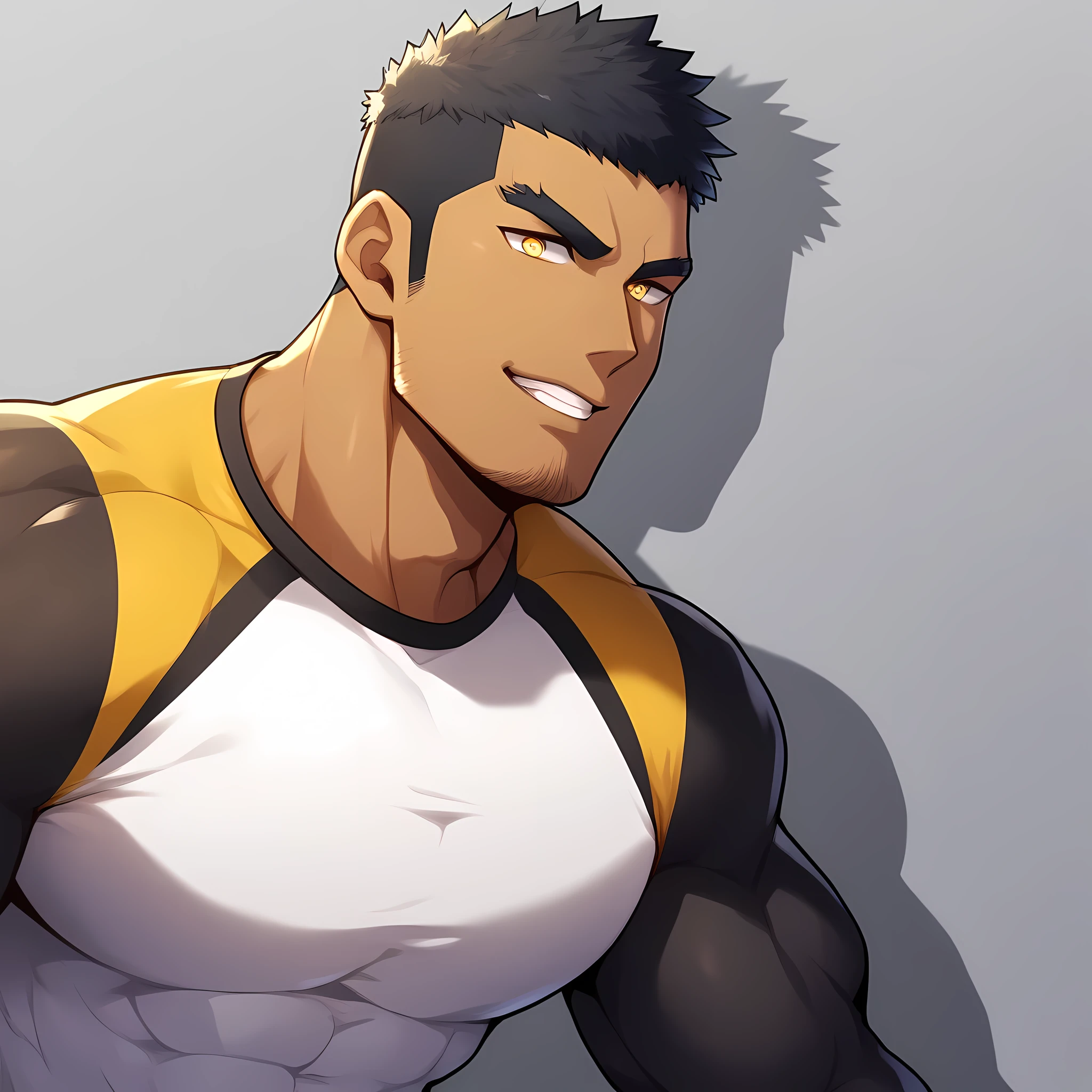 anime characters:Gyee, Muscle Sports Student, negro black skin, 1 dark skin muscular tough guy, Manliness, male focus, Yellow and black striped high collar long sleeve tight T-shirt, Slightly transparent material, Very tight, Round, full and perky chest muscles, Slightly transparent, muscular male, muscular, only, Upper body, alone, Black short hair, Thick eyebrows, stubble, Yellow eyes, Grey background, simple background, amazing quality, best aesthetics, Ridiculous, bright pupils, crew cut, parted lips, seductive smile, torogao, naughty face, drop shadow, best quality