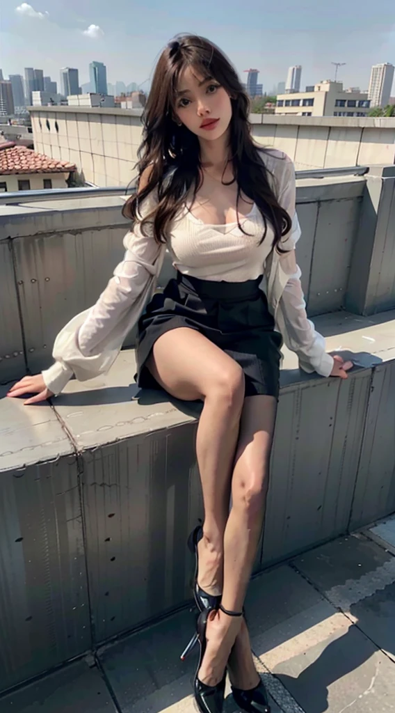 Heavy makeup,See-through pantyhose,8K,Long legs,By bangs,waved hair,Young women mature,rays of sunshine,ear studs,Superskirt,Stiletto heels,Three Korean women together,She looks beautiful,Everyone wears lip-colored masks,Long-sleeved loose clothing,on the rooftop