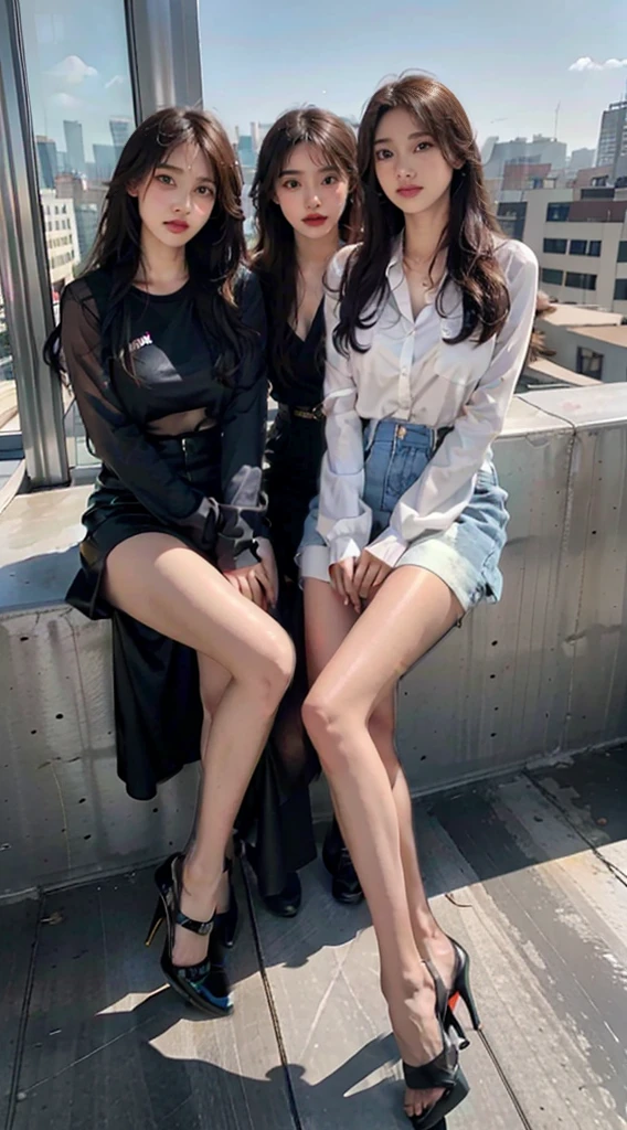 Heavy makeup，See-through pantyhose，8K，Long legs，By bangs，waved hair，Young women mature，rays of sunshine，ear studs，Superskirt，Stiletto heels，Three Korean women together，She looks beautiful，Everyone wears lip-colored masks，Long-sleeved loose clothing，on the rooftop