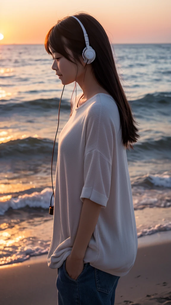 Sunset, sea, Japanese girl in her 20s listening to music with earphones