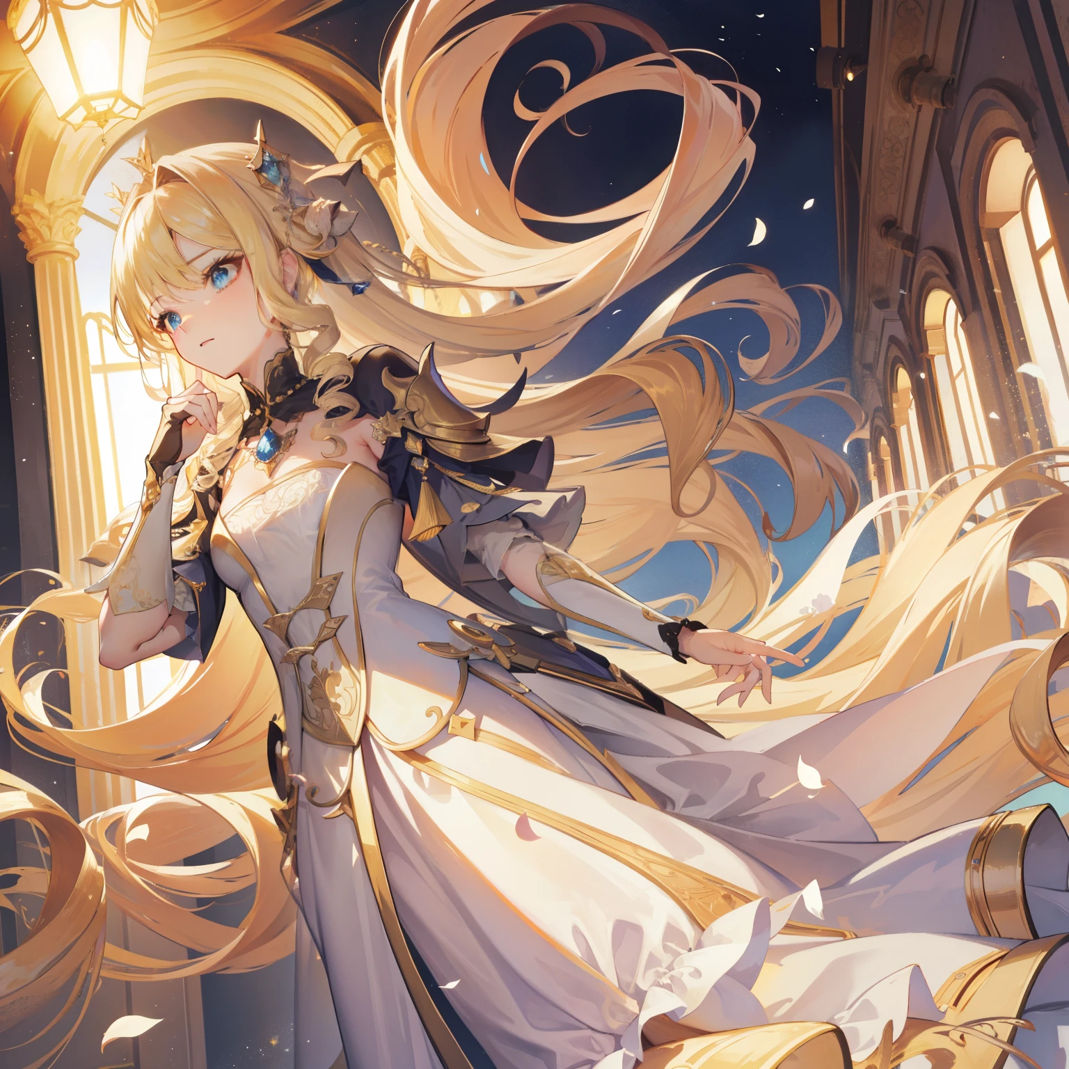masterpiece、Highest quality、Very detailed、Beautiful lighting、blonde、White Dress、Noble、palace、[[White Dress:2]]、(Dense curl roll)