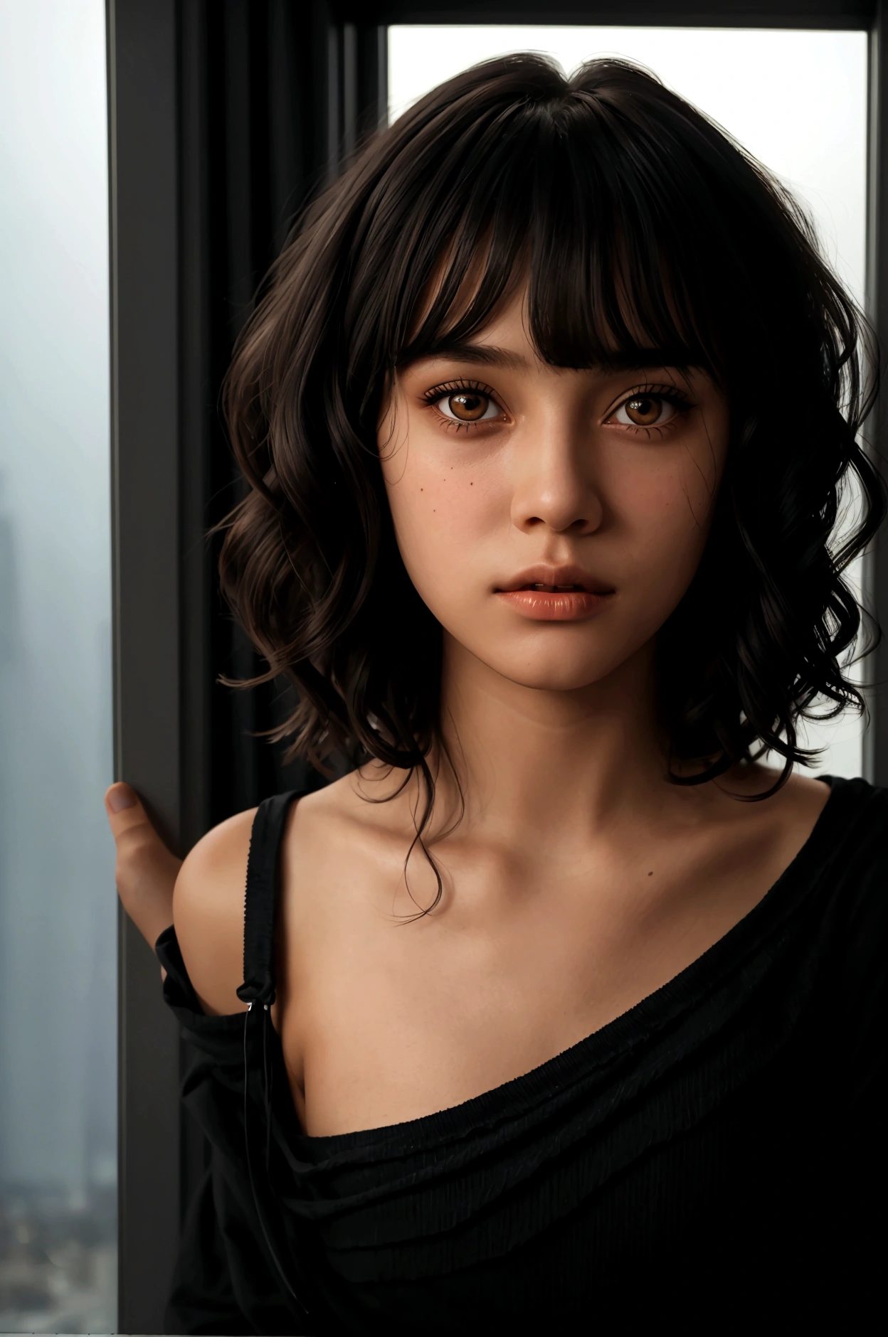 cinematic realistic portrait, front face, of a young girl, adolescent, (caucasiana), fly away, casual dark clothes, long t-shirt, minimalist alternative style, Beautiful woman, ((short wavy hair to the shoulders with bangs)), (honey eyes), Pursed lips, night in an apartment, window to the city, neon lights