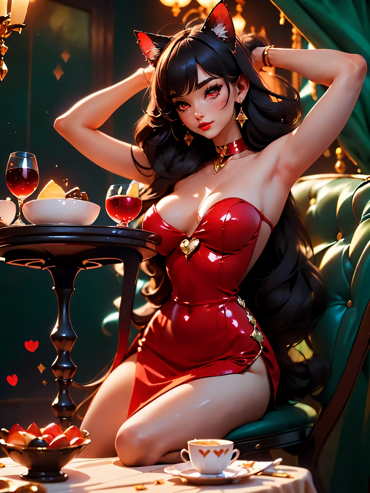 ((point of view)), ((junkotvv)) ((cat ears)), ((in love, she is in love, she loves the viewer))((romantic dinner date, champagne, Canddles)) ((tall and sexy russian supermodel)) ((beautiful face)) ((wide and happy smile)) ((bright red lipstick)) ((very dark eyeshadow makeup)) ((Big bright red eyes)) ((very long and messy black hair, fringe)) (()) ((very big chest:1.5)) ((perfect slim body torso1.3)) ((she is wearing a red strapless sequin dress)) ((red choker, earrings, red stockings)) (())((Inside the dark room sit on a chair having a romantic dinner, many Canddles around))(high resolution, DYNAMIC SHADOWS)((photorealistic:1.5)) ((Masterpiece:1.3)) (8k) (Perfect face) ((Best Quality:1.4)) (Perfect hands and eyes)