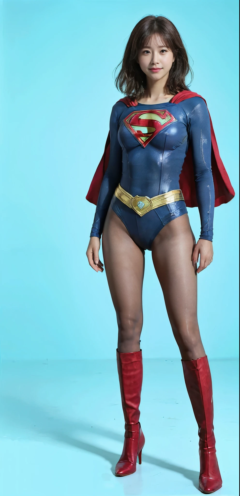 No background、(((Beautiful legs in black tights.)))、(((Legally express the beauty of your smile)))、((((Make the most of your original images)))、(((Supergirl Costume)))、(((Beautiful very short hair)))、(((suffering)))、(((Please wear black tights....、Wear red boots)))、((Best image quality、8K))、((Highest quality、8K、masterpiece:1.3))、(((Preserve background )))、Sharp focus:1.2、Beautiful woman with perfect figure:1.4、Slim Abs:1.2、Wet body:1.5、Highly detailed face and skin texture、8K