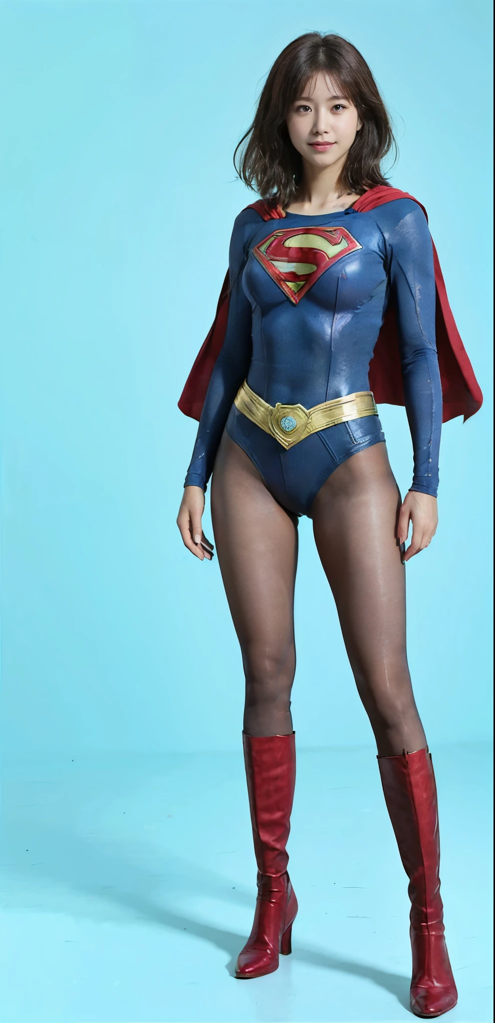 No background、(((Beautiful legs in black tights.)))、(((Legally express the beauty of your smile)))、((((Make the most of your original images)))、(((Supergirl Costume)))、(((Beautiful very short hair)))、(((suffering)))、(((Please wear black tights....、Wear red boots)))、((Best image quality、8K))、((Highest quality、8K、masterpiece:1.3))、(((Preserve background )))、Sharp focus:1.2、Beautiful woman with perfect figure:1.4、Slim Abs:1.2、Wet body:1.5、Highly detailed face and skin texture、8K