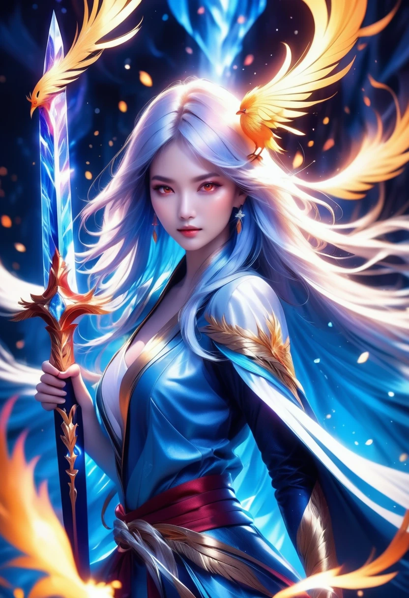 (mysterious:1.3), ultra-realistic mix fantasy, (giant eastern phoenix:1.2), asian woman holding a energy thunder sword,void thunder sword, in the style of dark azure and light azure, mixes realistic and fantastical elements, vibrant manga, uhd image, glassy translucence, vibrant illustrations, ultra realistic, long hair, straight hair, white hair,head jewelly, jewelly,light In eyes, red eyes, portrait, firefly, bokeh, fantasy, colorful waterfall, flame, very detailed, high resolution, sharp, sharp image, 4k, 8k, masterpiece, best quality, magic effect, (high contrast:1.4), dream art, diamond, skin detail, face detail, eyes detail, mysterious colorful background, dark blue themes