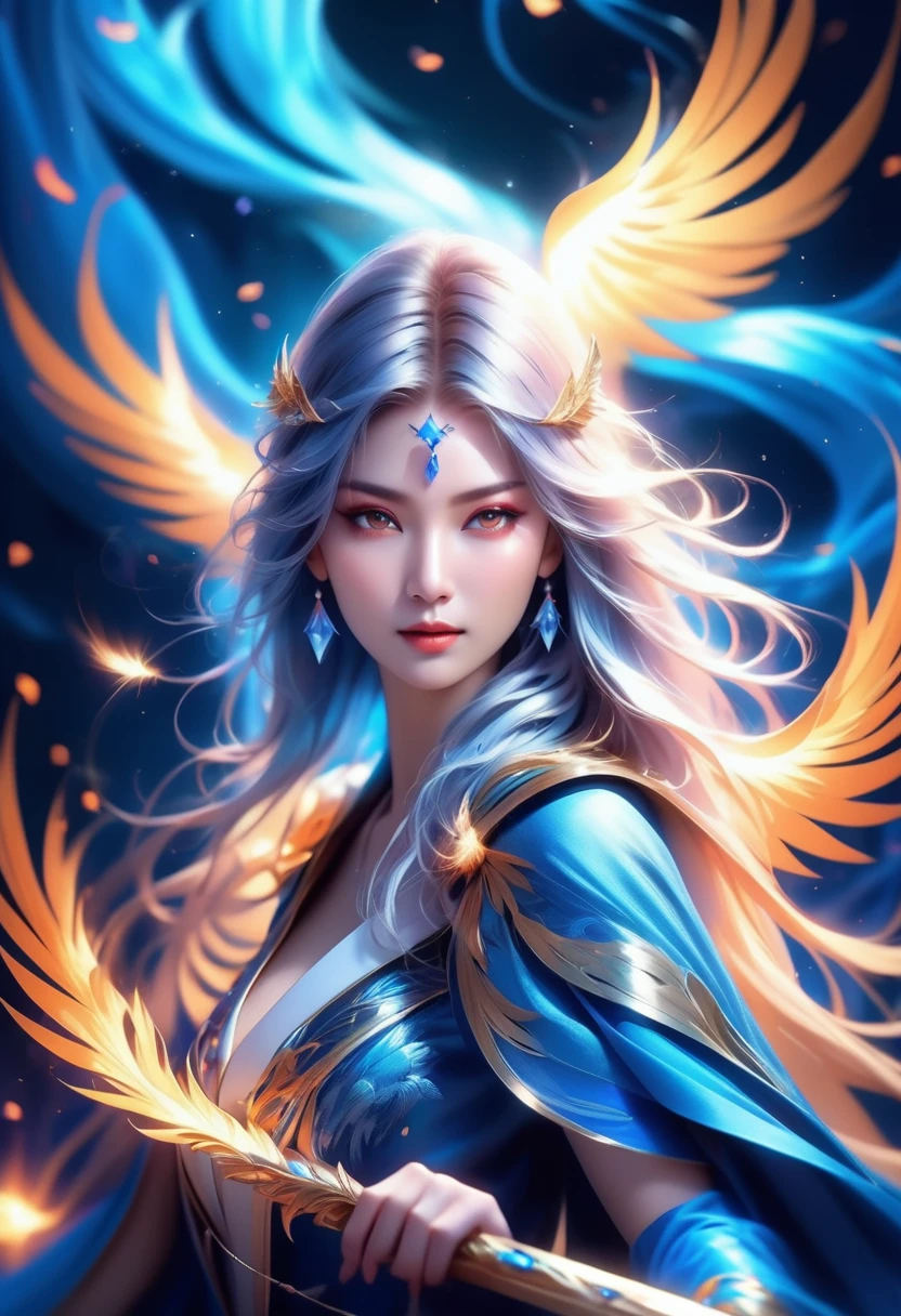 (mysterious:1.3), ultra-realistic mix fantasy, (giant eastern phoenix:1.2), asian woman holding a energy thunder sword,void thunder sword, in the style of dark azure and light azure, mixes realistic and fantastical elements, vibrant manga, uhd image, glassy translucence, vibrant illustrations, ultra realistic, long hair, straight hair, white hair,head jewelly, jewelly,light In eyes, red eyes, portrait, firefly, bokeh, fantasy, colorful waterfall, flame, very detailed, high resolution, sharp, sharp image, 4k, 8k, masterpiece, best quality, magic effect, (high contrast:1.4), dream art, diamond, skin detail, face detail, eyes detail, mysterious colorful background, dark blue themes