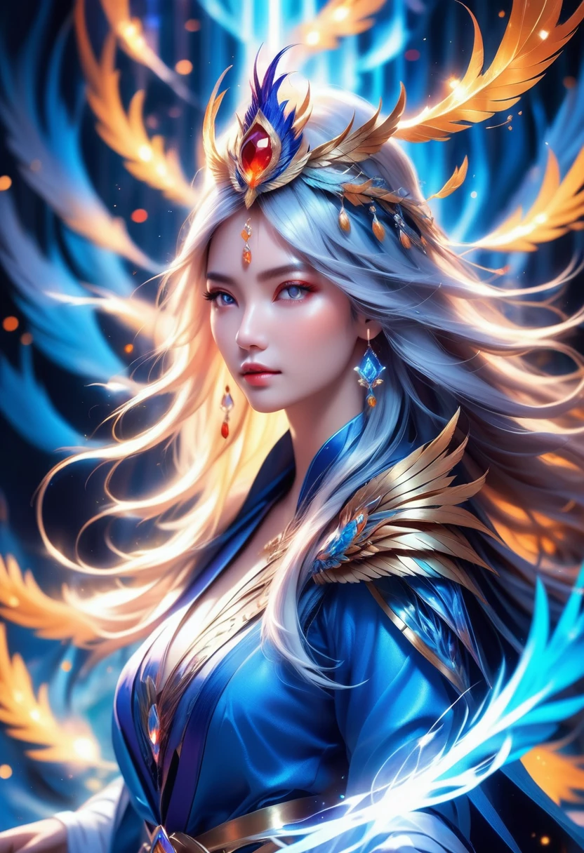 (mysterious:1.3), ultra-realistic mix fantasy, (giant eastern phoenix:1.2), asian woman holding a energy thunder sword,void thunder sword, in the style of dark azure and light azure, mixes realistic and fantastical elements, vibrant manga, uhd image, glassy translucence, vibrant illustrations, ultra realistic, long hair, straight hair, white hair,head jewelly, jewelly,light In eyes, red eyes, portrait, firefly, bokeh, fantasy, colorful waterfall, flame, very detailed, high resolution, sharp, sharp image, 4k, 8k, masterpiece, best quality, magic effect, (high contrast:1.4), dream art, diamond, skin detail, face detail, eyes detail, mysterious colorful background, dark blue themes