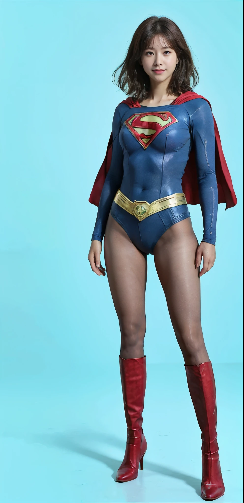 No background、(((Beautiful legs in black tights.)))、(((Legally express the beauty of your smile)))、((((Make the most of your original images)))、(((Supergirl Costume)))、(((Beautiful very short hair)))、(((suffering)))、(((Please wear black tights....、Wear red boots)))、((Best image quality、8K))、((Highest quality、8K、masterpiece:1.3))、(((Preserve background )))、Sharp focus:1.2、Beautiful woman with perfect figure:1.4、Slim Abs:1.2、Wet body:1.5、Highly detailed face and skin texture、8K