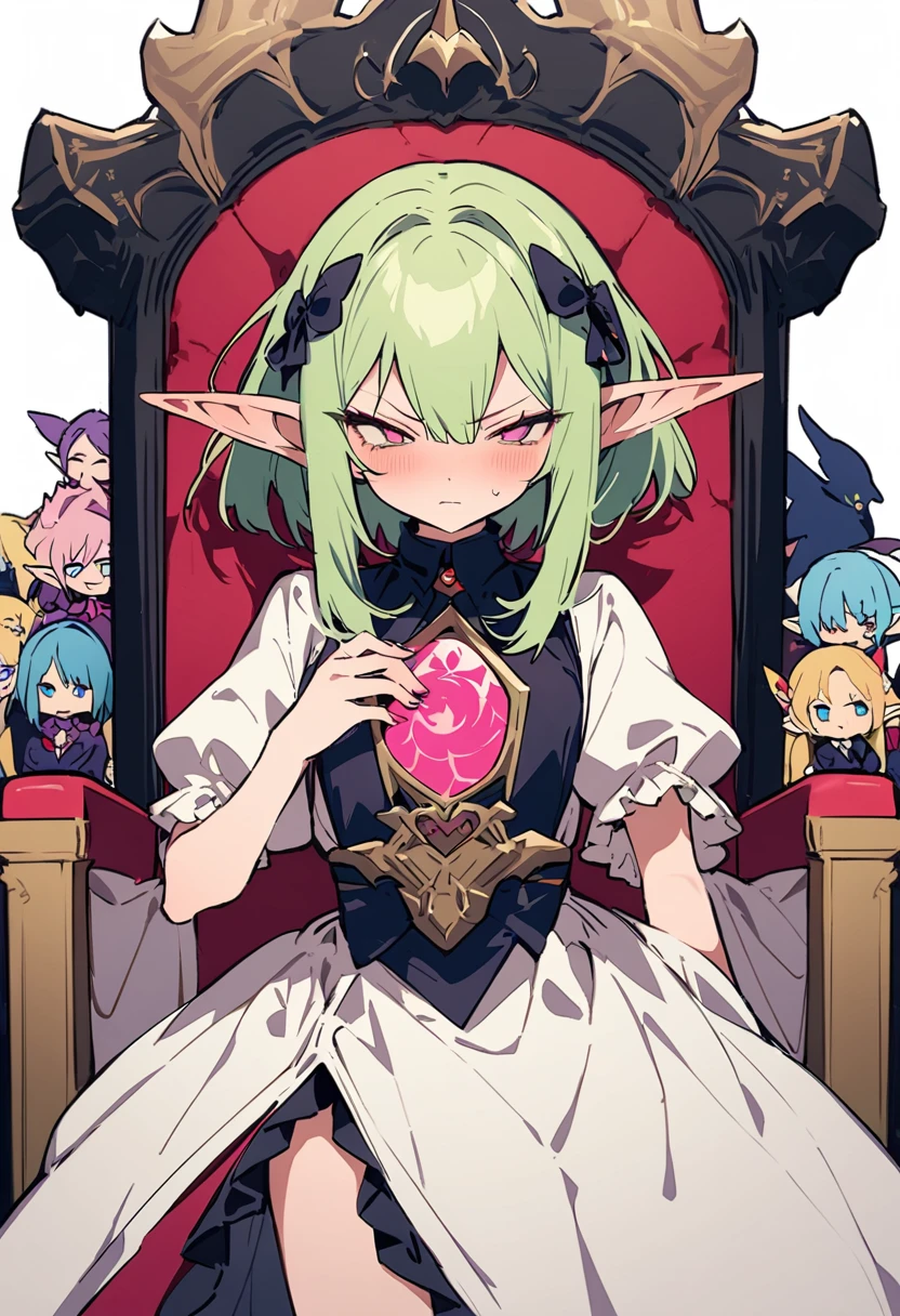 masterpiece, Highest quality, Illustration of the novel, High resolution, 18+ Adult content, Sensual, Intimate, Emotional, Passionate, romantic, sweet, Adorable, Innocent, Pure, charmな, charmな, charm, mysterious, charmな, charmな, Immersive, charmな, dream-like, Surreal, Imaginative, Whimsical, Artistic, Avant-garde, timeless, elegant, Sophisticated, chic, Sophisticated, Personality, original, charmな,(( Elf:1.3)),((A look of disgust:1.3))、Upper Body,((Throne of Power,Throne of Power:1.3))