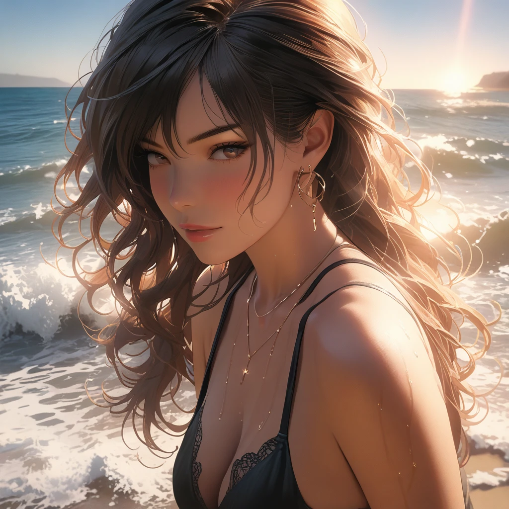 (best quality, 8k, masterpiece, highres, ultra-detailed), photorealistic, Tsukasa Hojo style, young woman, black bikini, lace detail, seductive pose, beach, sunset, loose waves, confident gaze, alluring expression, soft lighting, dramatic shadows, highlighting curves, sensual pose, playful use of light and shadow, delicate features, subtle details, realistic skin.