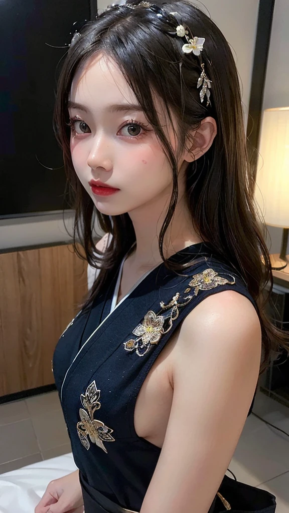 (best quality, masterpiece:1.2), Ultra-high resolution, Practical, forward lighting, Intricate details, Exquisite details and textures, 1 Girl, Solitary ,(young), Facial highlights, Upper Body, Delicate face, Tear mole, White skin, Silver Hair, Ponytail, Braided hair, Looking at the audience, big eyes, silk robe, (Hollow pattern, White, silk), earrings, Small Breasts, slim, VIP room, Professional lighting, Photon Mapping, Radiosity, Physically Based Rendering,