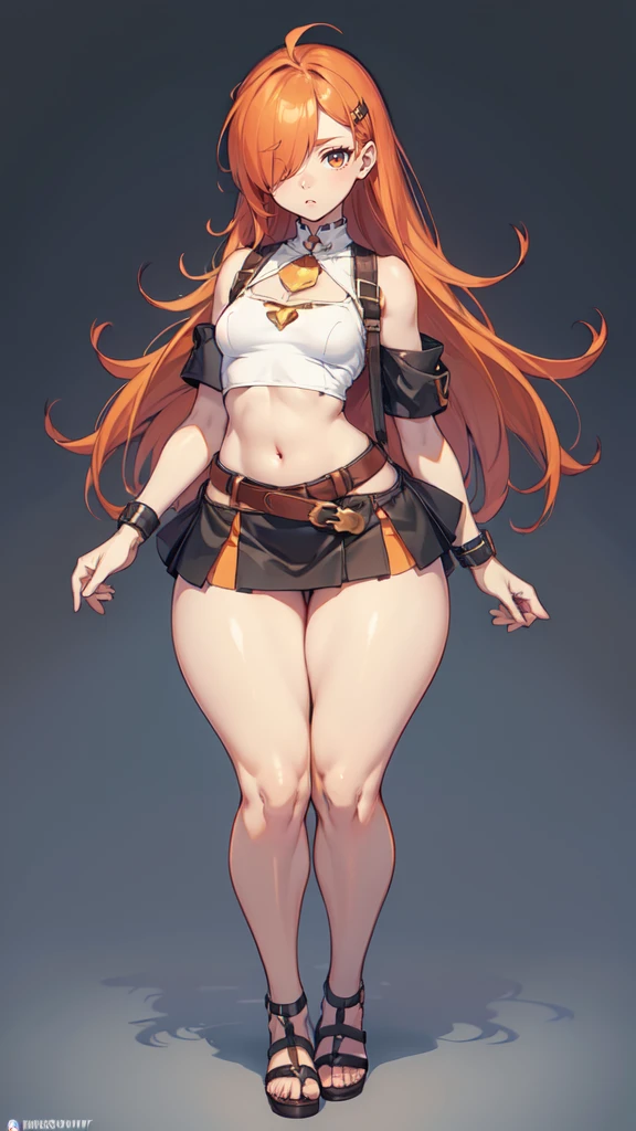 blank background, (((full body))), (masterpiece), ((best quality)), (very short girl), ((flat chest)), hair over one eye, (wide hips:1.4), (thick thighs:1.5), (very short skirt), sandals, belt below navel, fanny packs, ginger hair