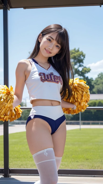 ((leg up)),((cheerleader)),((Cheerleader)),((Cheerleader)),8K、Detailed Description、Very high definition、Realistic、reality的、Real、live-action、reality、High resolution、Nogizaka46、japanese idol,beautiful girl、21 years old、Dark brown eyes、sunny、blue sky、Ground、Raise one leg straight up、Hold the calf of the raised leg、(Underwear is visible)、((cameltoe:1.2)),light smile,closed mouth,full body,Very black hair、pretty girl、Beauty、Glowing Skin、Glowing Skin、Shiny Hair、Very white skin、Heavy makeup、Large Breasts、Slit eyes、Big Eyes、Dark brown eyes、Double eyelids、Don't show your teeth、