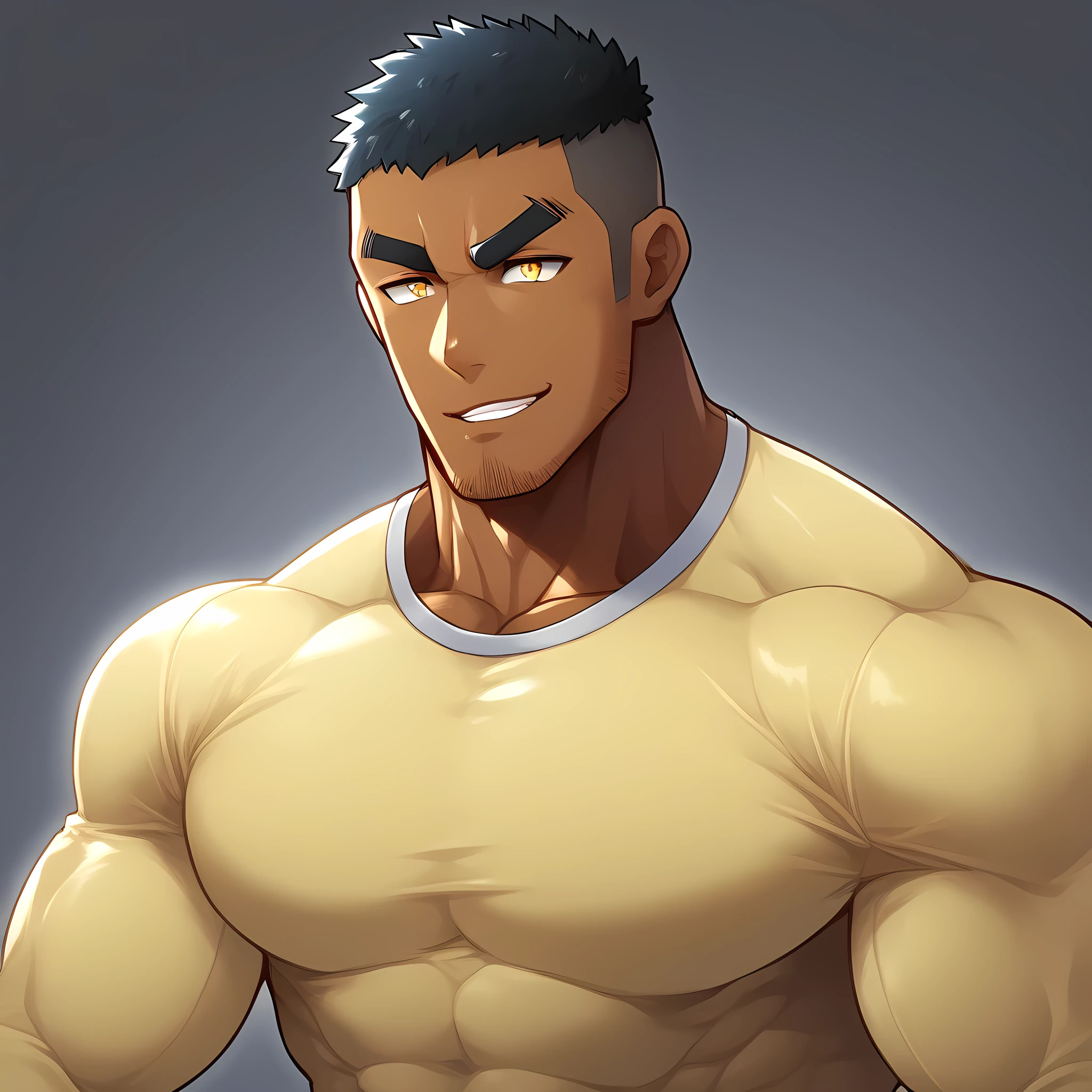 anime characters：Gyee, Muscle Sports Student, negro black skin, 1 dark skin muscular tough guy, Manliness, male focus, Light yellow high collar long sleeve tight T-shirt, Slightly transparent material, Very tight, Round, full and perky chest muscles, Slightly transparent, muscular male, muscular, only, Upper body, alone, Black short hair, Thick eyebrows, stubble, Yellow eyes, Grey background, simple background, amazing quality, best aesthetics, Ridiculous, bright pupils, crew cut, parted lips, seductive smile, torogao, naughty face, drop shadow, best quality