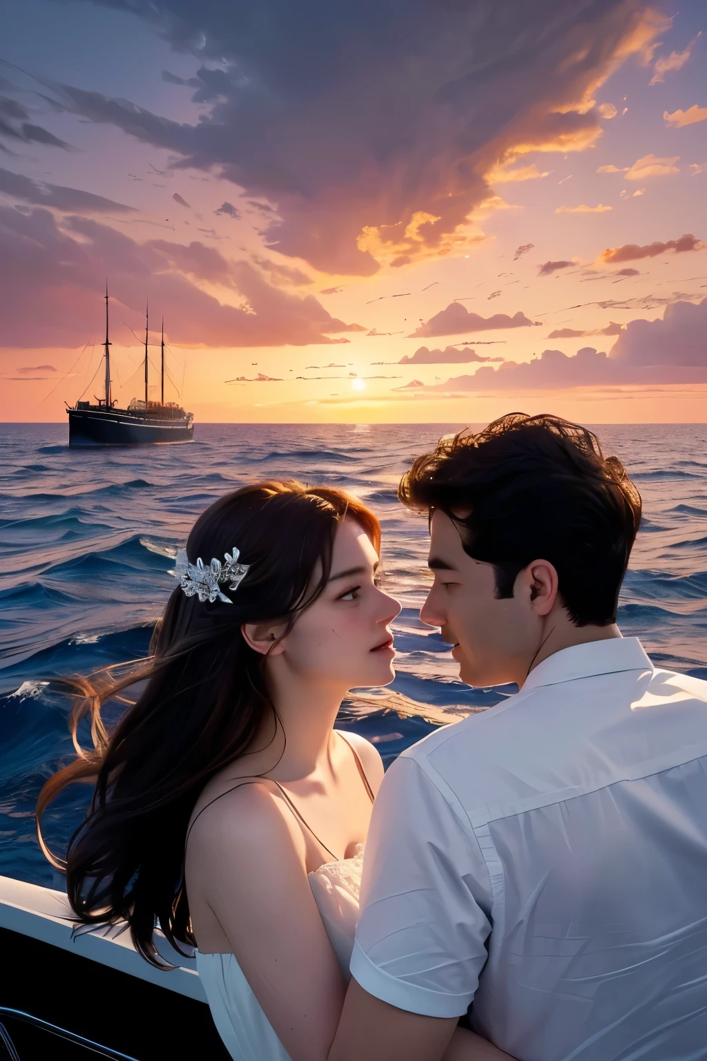8K, masterpiece, arafed image of a couple on a boat at sunset, titanic, At sea, rotoscoped, Carl Eugen Kiel(Carl Eugen Keel)Works inspired by, at sunset, Thrilling and romantic, movie stills, by Susan Heidi, By Thomas Dalziel, Inspired by Hans Price, cinematics, at dusk!, at sunrise, on the bow, (Highly detailed facial expressions),