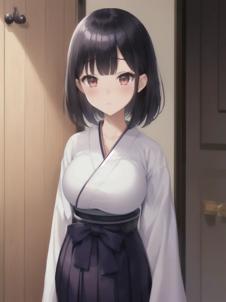 (1girl)(gigantic breasts)(ecstasy)(gigantic breasts)a girl with dark hair standing in front of a door and wardrobe, japanese clothes, 1girl, solo, black hair, hakama, skirt, blush, looking at viewer, white kimono, hakama skirt, bangs,big breasts, huge breasts, gigantic breasts