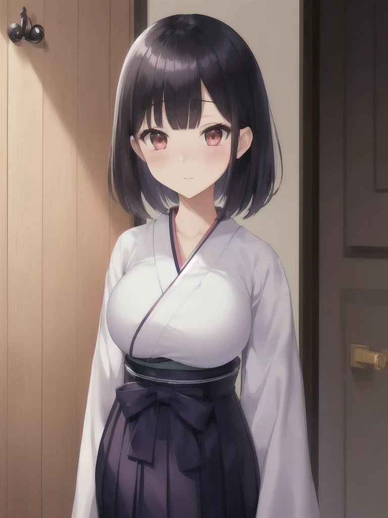 (1girl)(gigantic breasts)(ecstasy)(gigantic breasts)a girl with dark hair standing in front of a door and wardrobe, japanese clothes, 1girl, solo, black hair, hakama, skirt, blush, looking at viewer, white kimono, hakama skirt, bangs,big breasts, huge breasts, gigantic breasts