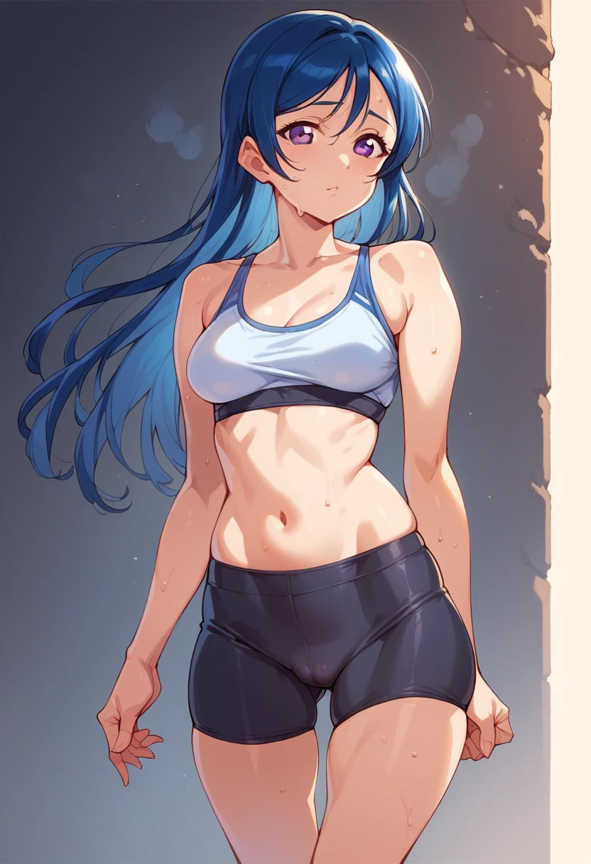 Matsuura kanan love live, long hair, blue hair, purple eyes, gym bra, bike shorts, standing, puffy crotch , skindentation , realistic art style , sweating,in street, exposed pubis