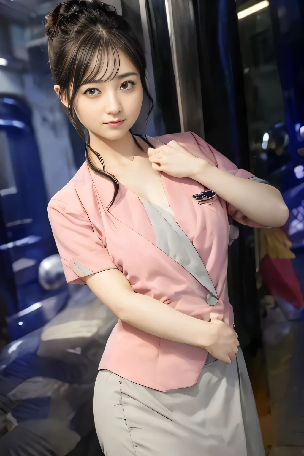(masterpiece:1.2, Highest quality:1.2), 32k HDR, High resolution, (alone、1 girl)、 (Height: 160cm)、(On the rooftop of a building in the daytime、Professional Lighting)、Building rooftop background、(Nankai train crew uniform pinkを着たリアルスタイル)、(Nankai train crew uniform pink short sleeve collarless pink jacket、Nankai Train Crew Uniform Pink Collarless Short Sleeve Blouse、Nankai Train Crew Uniform Pink Grey Knee-length Culottes)、(The pink jacket is showing from the culottes.)、Dark brown hair、(Hair tied up、Hair tied up、Evening curly hairstyle)、Dark brown hair、Long Shot、Big Breasts、Thin legs、((Great hands:2.0)),((Harmonious body proportions:1.5)),((Normal limbs:2.0)),((Normal finger:2.0)),((Delicate eyes:2.0)),((Normal eyes:2.0)))、smile、(Nankai Train Crew Uniform Pink Grey Knee-length Culottesを見せた美しい歩く姿)、Place your hands around your stomach、Lanyard employee ID card