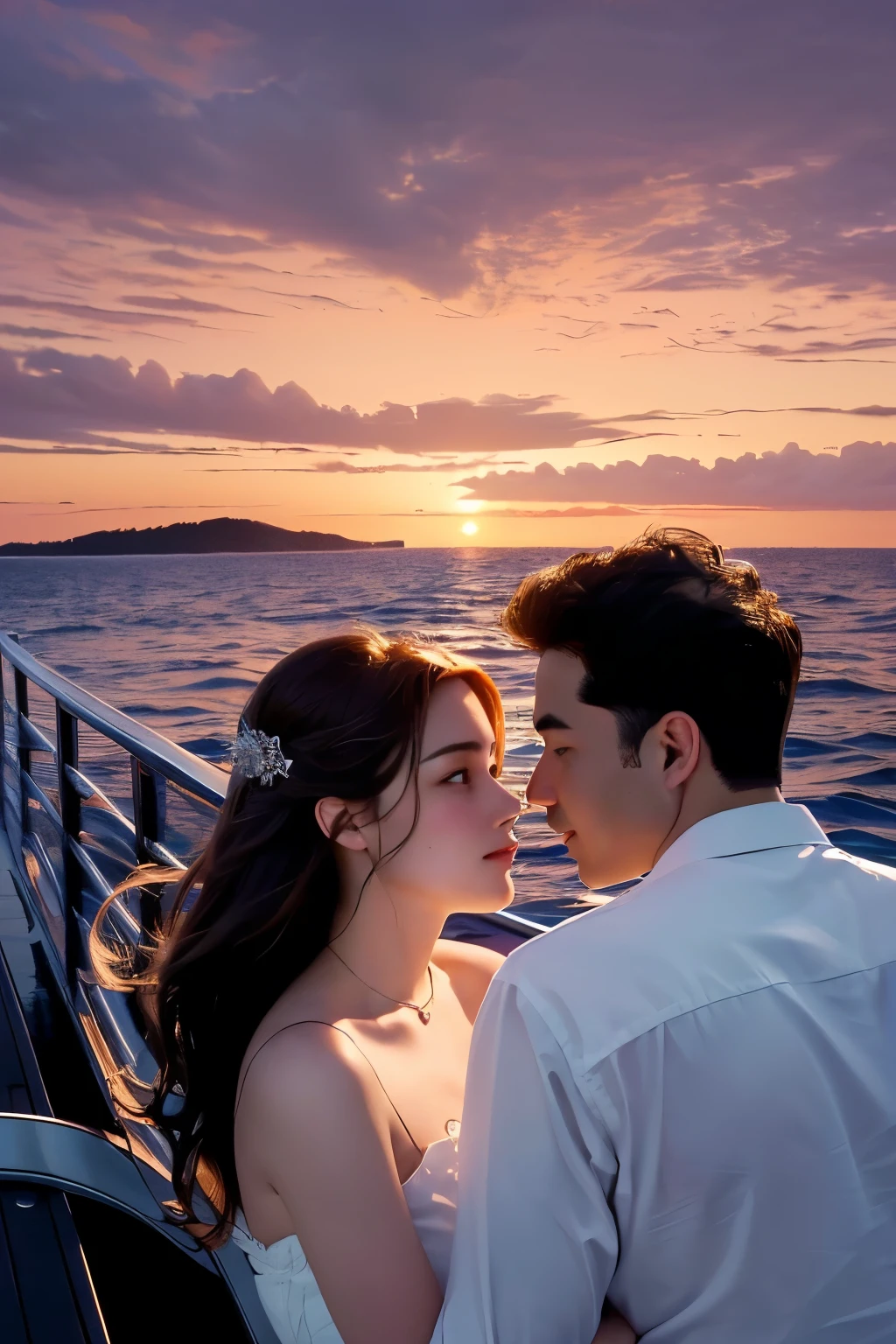 professional wedding photography, (Masterpiece), (intriciate detail), (photorealestic:1.3), (film grain:1.3), (perfect anatomia:1.3), break, on the deck of a luxury cruise ship, background of Santorini island, break, a romantic photoshoot of a handsome man and cute woman couple, wearing elegant outfits