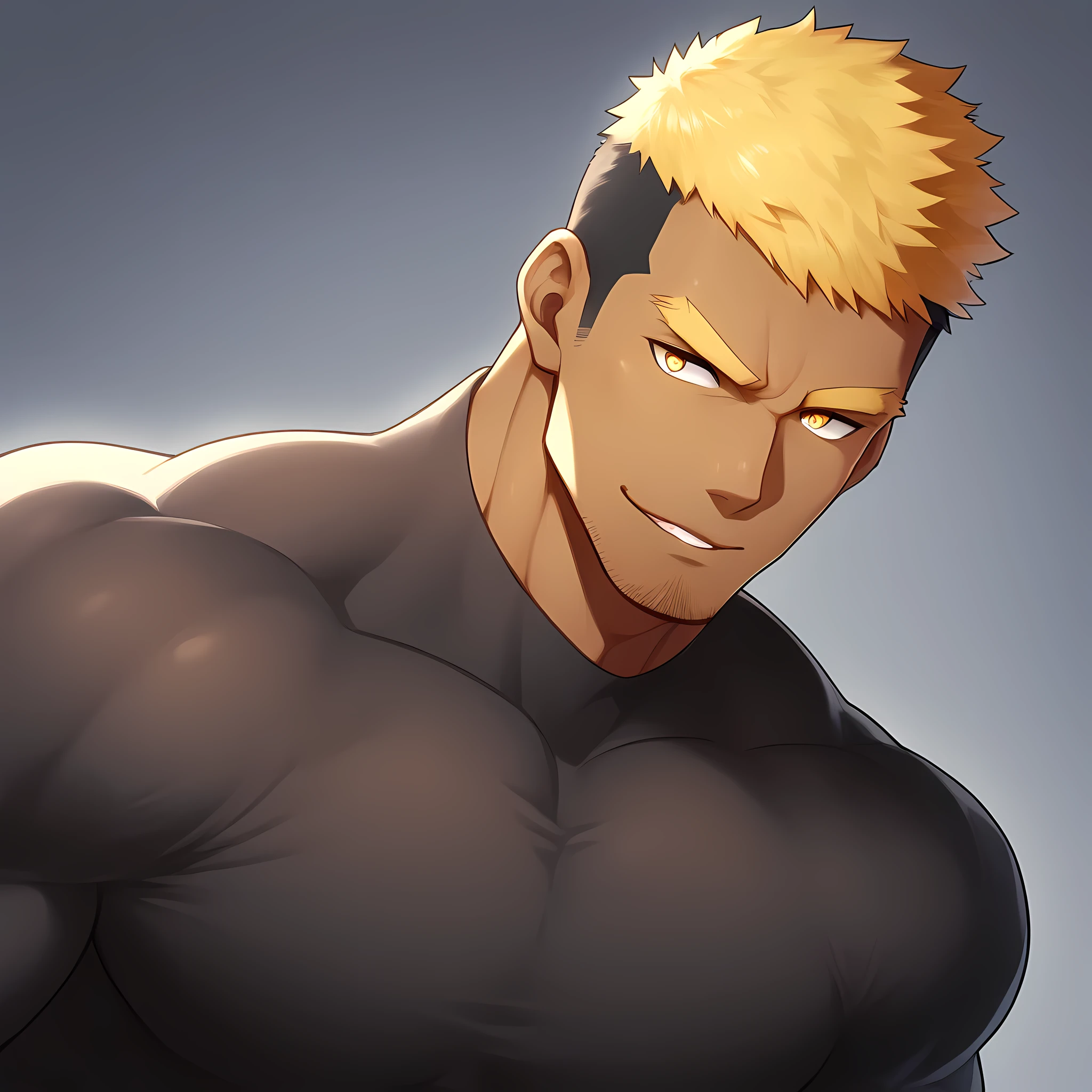 anime characters：Gyee, Muscle Sports Student, negro black skin, 1 dark skin muscular tough guy, Manliness, male focus, Light yellow high collar long sleeve tight T-shirt, Slightly transparent material, Very tight, Round, full and perky chest muscles, Slightly transparent, muscular male, muscular, only, Upper body, alone, Black short hair, Thick eyebrows, stubble, Yellow eyes, Grey background, simple background, amazing quality, best aesthetics, Ridiculous, bright pupils, crew cut, parted lips, seductive smile, torogao, naughty face, drop shadow, best quality