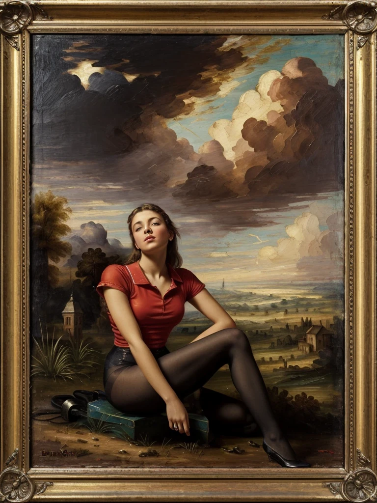 charming young cute girl looks enthusiastically sitting half-sideways on a tron of power, in a red shirt and tights with a tulle frill, Averts his eyes, dark clouds, 15 century,(Bruno Di Maio style)), The dark Renaissance, (fog, very scuffing), ((palette/oil painting palette knife)), ((masterpiece)), single shot, impression:1.2, extreme detail, perspective:1.33, 8k