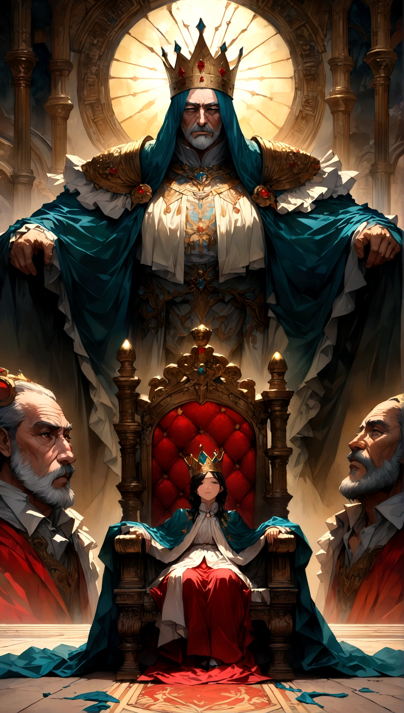 Throne room scenery,oil painting style,king sitting on the throne,Subjects prostrating,Subject's clothing details,There is a distance between the king's throne and his subjects.,BREAK,(The king is a middle-aged man,A king with absolute power who looks down on his subjects,He wears clothes and a cloak befitting a king.,the king wears a crown,He is a king with a cruel personality.,anatomically correct),BREAK,A painting depicting an era in history,paint with oil paint,structurally correct,create an artistic background,decadent,dark fantasy,awe,feeling of pressure,(masterpiece:1.3),(highest quality:1.4),(ultra detailed:1.5),High resolution,extremely detailed,unity 8k wallpaper