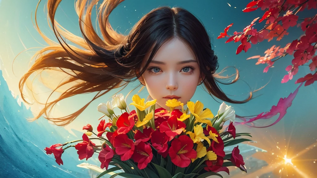 32k, Masterpiece, Highest quality, One girl, Detailed eyes, flower,gladiolus, Yellow and red style,A dreamy, romantic piece,Pale yellow, Mysterious Leaves,A playful arrangement,Fantasy,High Contrast,Ink strokes,explosion,Exposure, Impression of light blue and red tones,Abstract,((Watercolours by John Berkey and Jeremy Mann )) Brush strokes,Negative Space, Tyndall effect,
