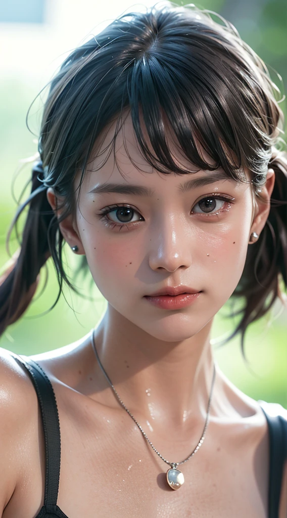 (((Masterpiece))), (((portrait))), Kujou Sara, diffused light, dynamic shadows, sharp focus, realistic, detailed, highres, absurdres, white background, no bra, photorealistic, lifelike, wet, mascara, blushing, sleeveless, youthful appearance, pee stain, white panties, (((nudist))), (((swept bangs))), (((side braided ponytails))), (((lips apart))), (((side))),