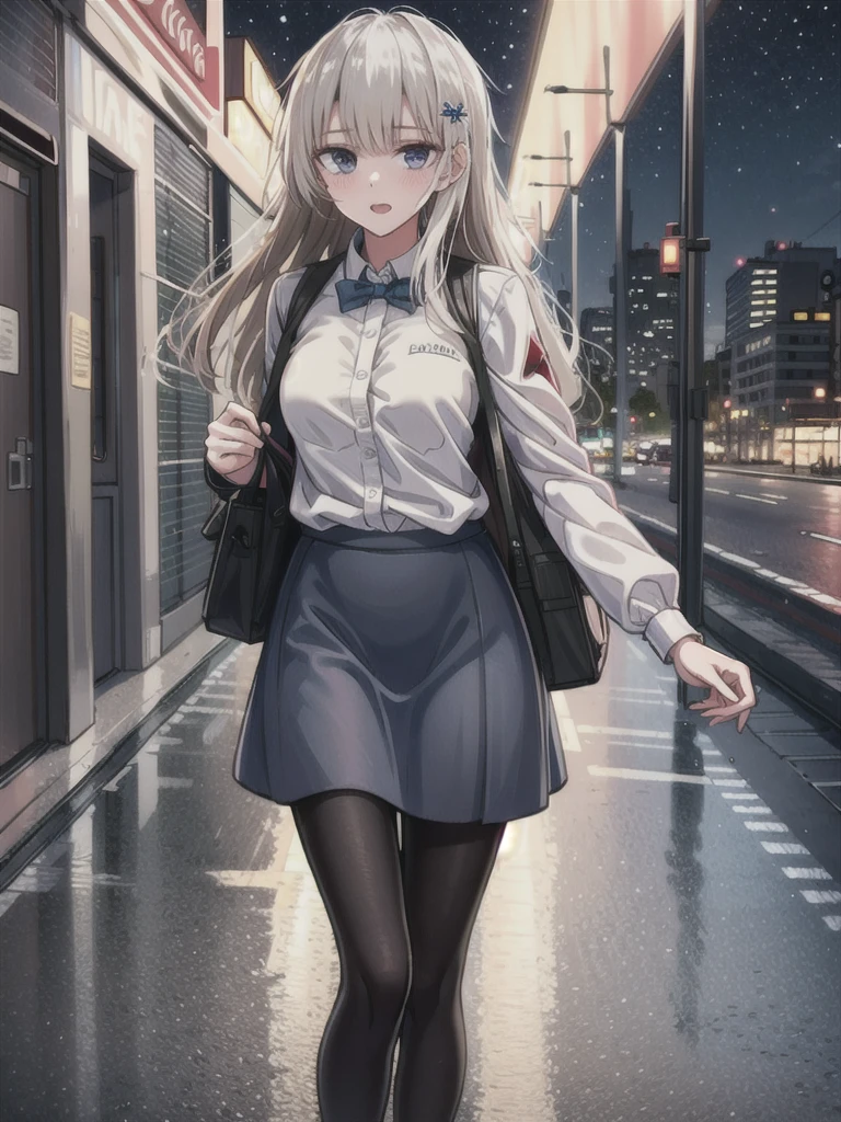 1girl, solo, female, ak-74m, white shirt, standing,cowboy shot's, blue skirt, outdoor, night, 4k, bokeh, pantyhose