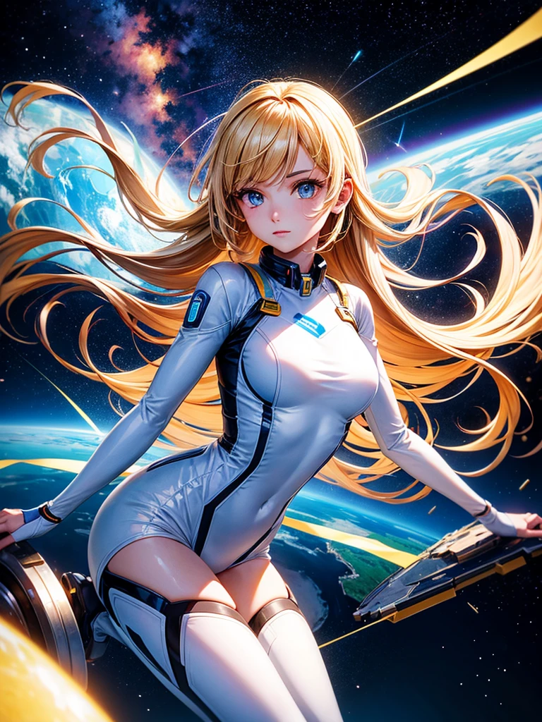 Highest quality,Highest Resolution,A beautiful android girl flying in space,Earth in the background,Equipped with cutting-edge technology,