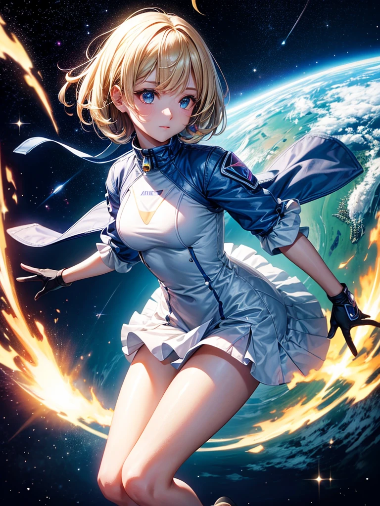 Highest quality,Highest Resolution,A beautiful android girl flying in space,Earth in the background,Equipped with cutting-edge technology,