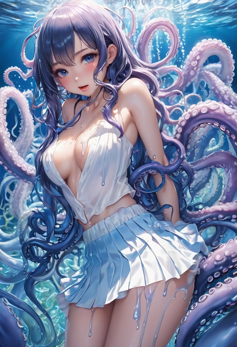 Best image quality、Ultra-high resolution、RAW Photos、Tentacles from the front and back、Increasing numbers of thick tentacles、(((Tentacles crawling on the chest)))、((Tentacles crawling on thighs)、Liquid dripping from the tips of the tentacles、White panties、Blue pleated skirt、mini skirt、White bra top、Mucusで汚れた18歳の女性、Japanese、Mucus、Spread your legs、(((Countless tentacles clinging to the crotch)))、blush、Fine skin、 Embarrassed look、目を閉じてEmbarrassed look、Liquid dripping from the tips of the tentacles、四つん這いで開いた穴にMucusの多い触手が入る、Liquid dripping from the tips of the tentacles、 Expressing joy、 Fluid from crotch、((Liquid dripping from the crotch))