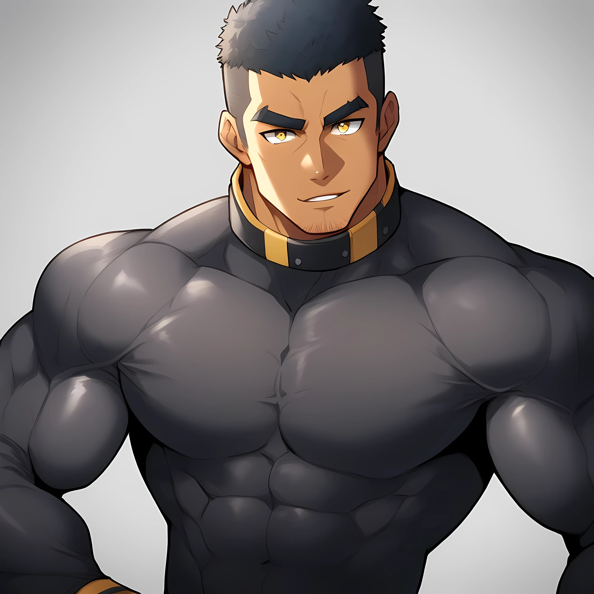 anime characters:Gyee, Muscle Sports Student, black skin, 1 dark skin muscular tough guy, Manliness, male focus, Yellow and black striped high collar long sleeve tight T-shirt, Slightly transparent material, Very tight, Round, full and perky chest muscles, Slightly transparent, muscular male, muscular, only, Upper body, alone, Black short hair, Thick eyebrows, stubble, Yellow eyes, Grey background, simple background, amazing quality, best aesthetics, Ridiculous, bright pupils, crew cut, parted lips, seductive smile, torogao, naughty face, drop shadow, best quality