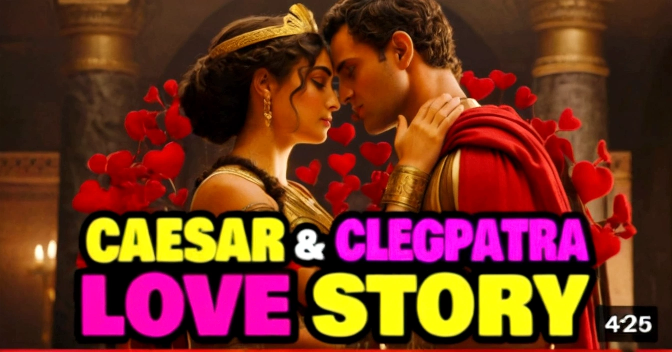 The thumbnail features a romantic, historical scene with two prominent figures, a woman and a man, in a moment of deep emotional connection. The woman is dressed extravagantly in a golden dress and elaborate accessories, like an Egyptian diadem, indicating their position of power and royalty. Her hair is styled in a sophisticated style that complements her regal appearance.. The man next to her is dressed in a red Roman tunic and a cape., symbolizing his role as a military leader or authority figure in Ancient Rome.

They are in an intimate posture, with their foreheads almost touching, suggesting a moment of passion and vulnerability. The environment in the background has grand columns, reminiscent of a scene from an ancient palace or temple, adding a touch of majesty and history to the image.

Bright red hearts float around the couple, accentuating the central theme of love and romance. As palavras "history of love" are in large, vibrant letters at the bottom of the image. As palavras "history" are in hot pink, mens "of love" It&#39;s in bright yellow, standing out against the dark background and drawing the viewer&#39;s attention to the passionate theme of the content.

This image evokes a sense of epic romance, interweaving story elements, power and passion, promising an engaging narrative about a legendary and emotional relationship.