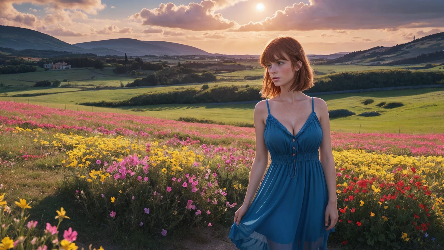a European girl with bangs looking at the ground while fumbling her hair, blueeyes, short pink semi-transparent sundress, skinny, showing cleavage, ginger hair, freckled face, standing in a colourful flower field(Blue, Red, Yellow flowers), a Italian mansion in the distance, sunset, windy, high quality photo, photo realistic, extremely detailed, highly detailed face, ultra HD, dark realistic film shader
