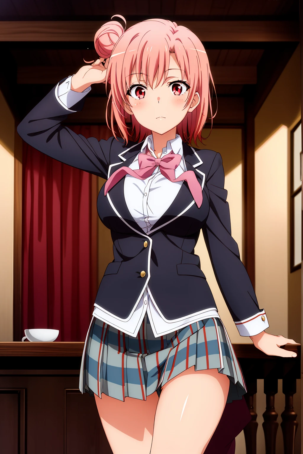 highest quality, High resolution, perfect pixel, Depth of the bounds written, 4k, beautiful anime girl, perfect body, 
looking at the viewer, 
Yuigahama Yui, 1 girl, short hair, pink hair, hair bun, pink eye, 
large breast, 
blazer, kilt skirt, 
cowboy shot, 