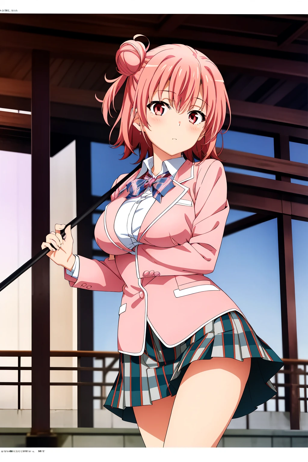 Highest quality, High resolution, Pixel Perfect, (Beautiful Anime Girls), (Perfect hands:1.5), (Perfect Fingers:1.5), (Beautiful fingers:1.5), Written boundary depth, Observe the audience, Perfect body, yuigahama yui, Brown eyes, Detailed eyes, Single hair bun, (Big Breasts:1.2), Red ribbon, White shirt, Black jacket, (Check skirt:1.5), School classroom, smile, blush, (Lift up the skirt:1.5), (Wide pelvis:1.5), (Thick thighs:1.5), (Pink Panties:1.5), (A close-up of the crotch from directly below:1.5)