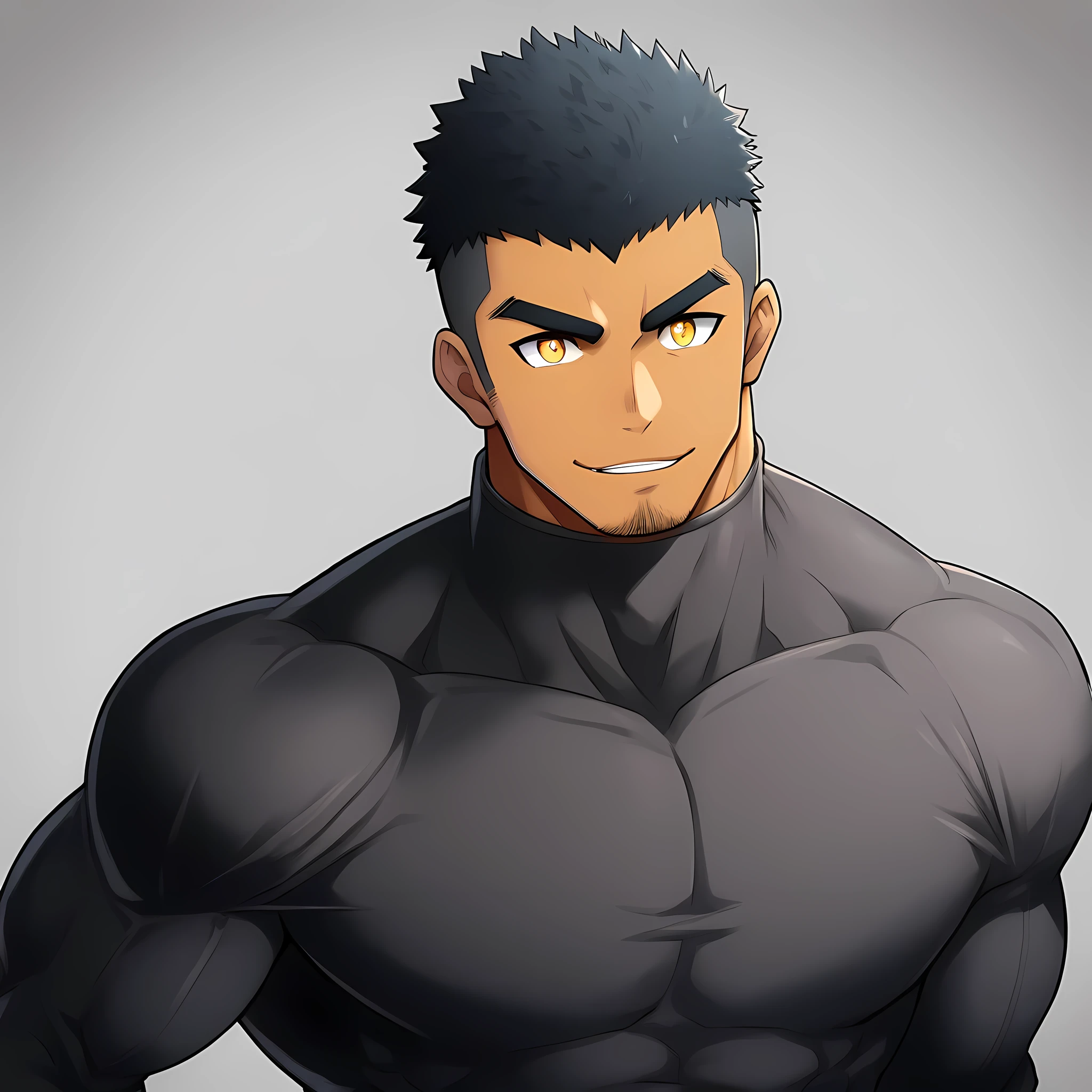 anime characters：Gyee, Muscle Sports Student, negro black skin, 1 dark skin muscular tough guy, Manliness, male focus, Yellow and black striped high collar long sleeve tight T-shirt, Slightly transparent material, Very tight, Round, full and perky chest muscles, Slightly transparent, muscular male, muscular, only, Upper body, alone, Black short hair, Thick eyebrows, stubble, Yellow eyes, Grey background, simple background, amazing quality, best aesthetics, Ridiculous, bright pupils, crew cut, parted lips, seductive smile, torogao, naughty face, drop shadow, best quality