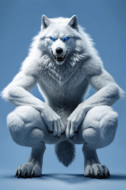 Perspective from below white wolf naked male furry legs apart looking down blue background squat pose blue eyes serious look claws on knees fluffy tail scars growling