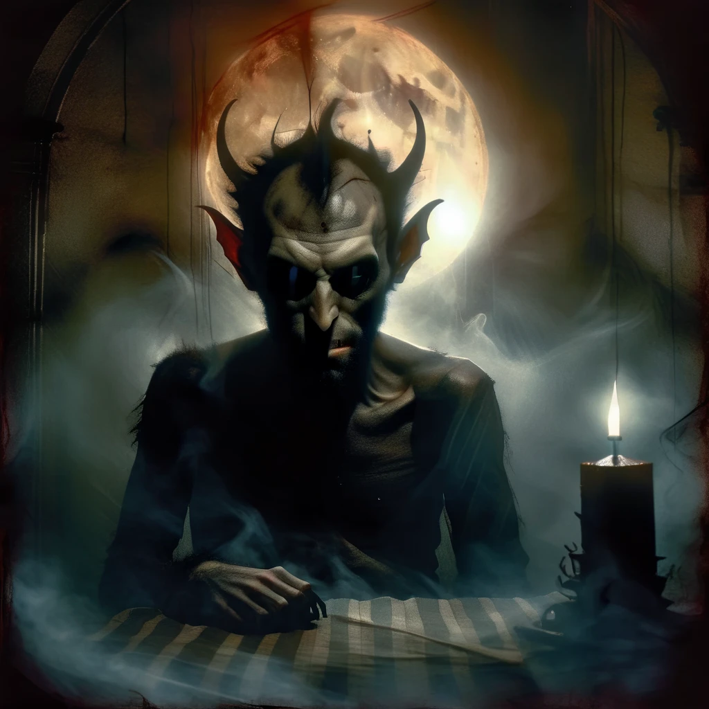 Dave McKean Style - The CORINTHIAN Daemon character,,Dramatic dynamic portrait Dave McKean Art Style,,eerie atmosphere,, Grimdark gritty texture,, subtle hints of gore in mouth corner, teeth in orbital sockets,,holding wispy flamed black candle , with smoke plumbing. Grotesquely oninous he stands over the edge of a bed, silloet of a man in it.