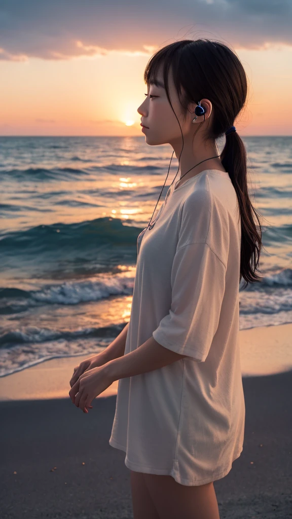 Sunset, sea, Japanese girl in her 20s listening to music with earphones, looking at the sea with a sad face, profile