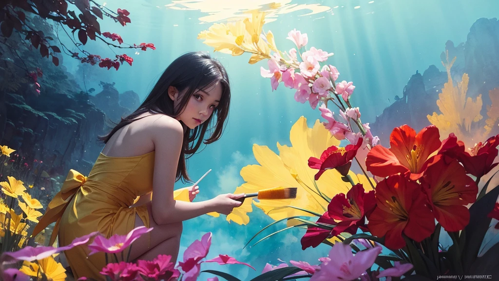 32k, Masterpiece, Highest quality, One girl, Detailed eyes, flower,gladiolus, Yellow and red style,A dreamy, romantic piece,Pale yellow, Mysterious Leaves,A playful arrangement,Fantasy,High Contrast,Ink strokes,explosion,Exposure, Impression of light blue and red tones,Abstract,((Watercolours by John Berkey and Jeremy Mann )) Brush strokes,Negative Space, Tyndall effect,
