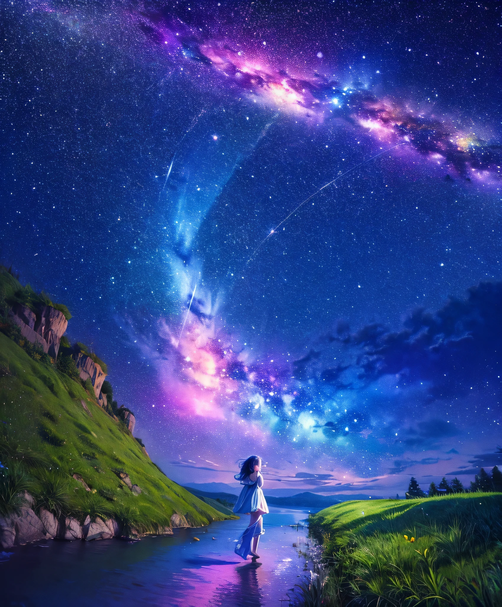 Cute girl character on grassy water、Describe the scene lying on the hill, Look up at the starry sky. Surround her with colorful nebulae and her favorite constellations.