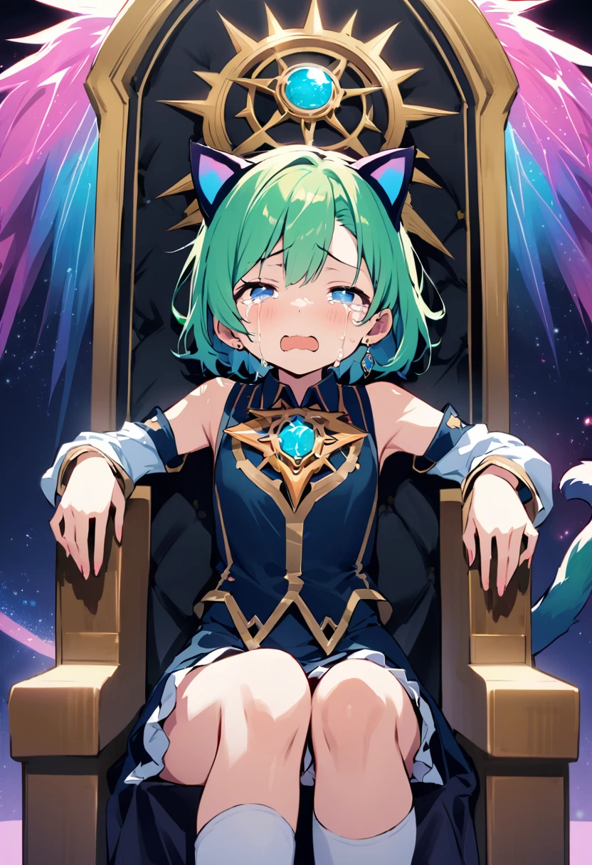 masterpiece, Highest quality, Illustration of the novel, High resolution, 18+ Adult content, Sensual, Intimate, Emotional, Passionate, romantic, sweet, Adorable, Innocent, Pure, Fascinating, Fascinatingな, Charm, mysterious, Fascinatingな, Fascinating, Immersive, Fascinatingな, dream-like, Surreal, Imaginative, Whimsical, Artistic, Avant-garde, timeless, elegant, Sophisticated, chic, Sophisticated, personality, original, Fascinatingな,One Girl,Deltamon_beta, alone, blue eyes, Knee socks, Animal ears, Bare shoulders, Blue Tail, Earrings,Removable sleeves, Green Hair, Sleeveless, Cat ear, bag, white Knee socks, Cat'tail,pink backpack,Pink school bag,Lavender lace: Lavender Peter Pan collar lace dress, Paired with ivory tights and Mary Jane shoes.,Cherry-blossom viewing, azalea, satsuki, azalea blizzard,
rest ((Avoidance method ((子Cat)), Crying face)),((Throne of Power,Throne of Power:1.3))