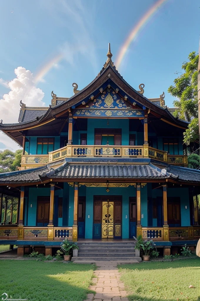 The Triple Blue Building Of Vihara Traditional Javanese People House With Beautifull Rainbow With Golden Lighting Effect In The Green Meadow Of Heaven Area Imagine