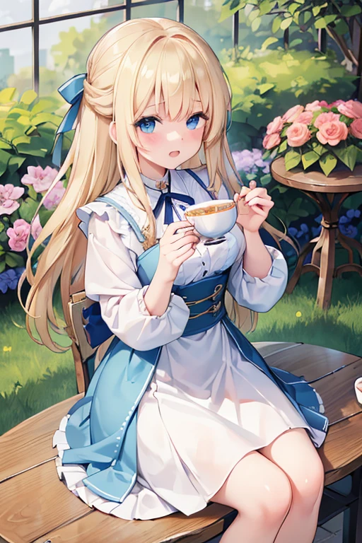 (8K, Highest quality, tableトップ:1.2)、Ultra-high resolution、14-year-old girl, Perfect Fingers, Detailed face, blue eyes, Blonde, half updo, Blue Apron Dress, garden, flower bed, (table:1.5), tea , Tea cup, cake, Sit on a chair